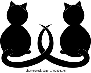 Silhouettes of two cats with long tails. Template for a romantic greeting card.