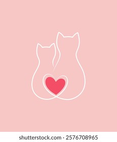 Silhouettes of two cats in love and a red heart between them on pink background. Minimalist Valentine's Day card. Logo or tattoo design