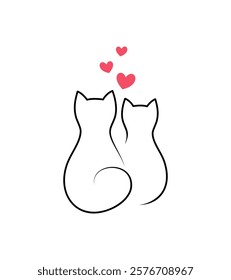 Silhouettes of two cats in love and red hearts between them. Logo or tattoo design. Valentine's day card in minimalist style