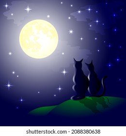 Silhouettes of two cats on the background of the full moon and the starry sky
