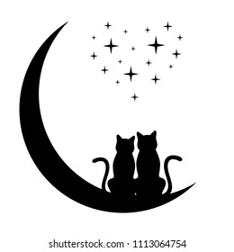 silhouettes of two cats on the moon and starry sky in the shape of a heart