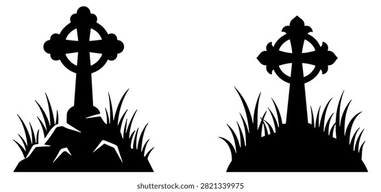 silhouettes of two celtic stone crosses on grassy mounds cemetery symbols on transparent background