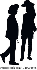 Silhouettes of two chatting men hebrew in hats. Jews in a traditional costume. Hasid with sidelocks in a long frock coat and hat. Isolated vector illustration. Black on white.