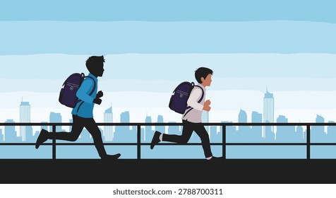 Silhouettes of two children with backpacks running along a railing against a blue-toned city skyline background suggesting a school morning commute.