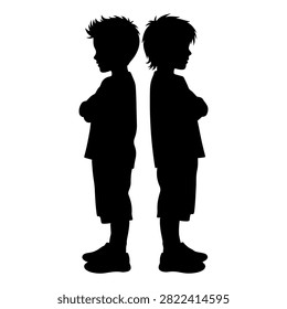Silhouettes of two children standing back to back, facing opposite directions, with arms crossed, against a plain background, emphasizing contrast and posture.