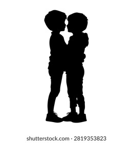 Silhouettes of two children standing face to face, capturing innocence and friendship in a simple, black-and-white image.