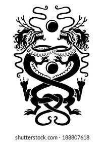 Silhouettes of two Chinese dragons in opposition for magical spheres.