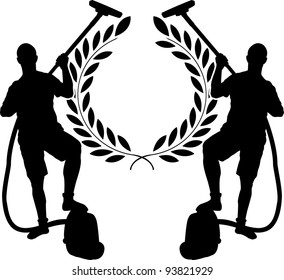 silhouettes of two cleaners and laurel wreath. vector illustration
