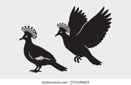 Silhouettes of two crowned pigeons, one flying with wings spread, other perched, on white. Exotic nature, wildlife, beauty.