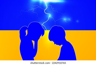 Silhouettes of two crying sad children on the background of the Ukrainian flag. Concept vector illustration against war