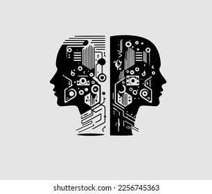 siluetas de dos cabezas de ciborg en perfil con chips como símbolo de tecnología futura e icono del transhumanismo en la era digital y el aprendizaje - logo vectorial moderno en blanco y negro