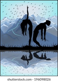 Silhouettes of two dancers on a background of mountains 