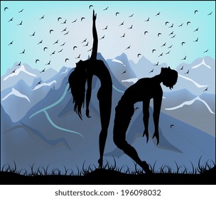 Silhouettes of two dancers on a background of mountains 