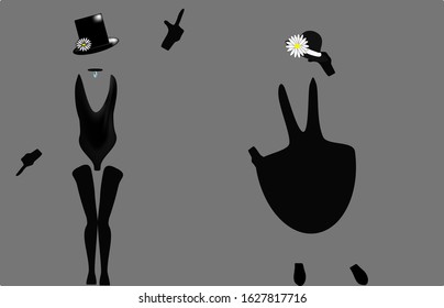 silhouettes of two dancers on the grey background, one in a hat  , a leotard and stockings, the second in a dress and hat