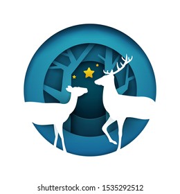Silhouettes of two deer in paper cut trendy craft cartoon style. Christmas, new year modern design for advertising, branding background greeting card, cover, poster, banner. Vector illustration.