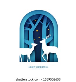 Silhouettes two deer in paper cut trendy craft cartoon style. Christmas, new year modern design for advertising, branding background greeting card, cover, poster, banner. Vector illustration.