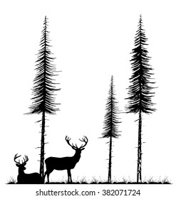 Silhouettes of two deers standing and lying under fir tree on the grass.