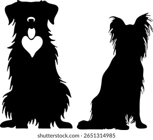 Silhouettes of two dogs, one with a heart, symbolizing love and companionship.