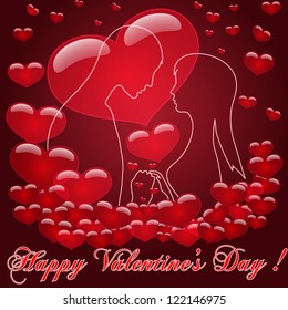 Silhouettes of two enamored against hearts, concept Love, Valentine's Day