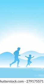 Silhouettes of two figures running together across a gentle hill. Sky glows softly behind them, with birds flying overhead. Child and adult move with joy, suggesting shared happiness