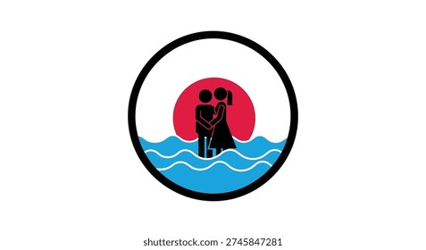 Silhouettes of two figures standing on a beach at sunset with waves illustration