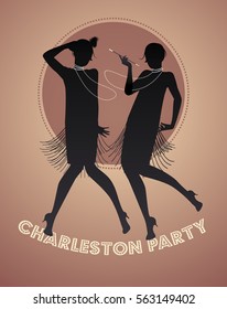 Silhouettes Of Two Flapper Girls Dancing Charleston. Vector Illustration