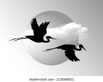 A silhouettes of two flying herons against the backdrop of a sun circle and clouds in the sky. vector drawing.