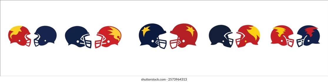 Silhouettes of Two Football Helmets Facing Each Other, Red and Yellow for the Chiefs and Navy and Red for the Texans, Vector Illustration, Perfect for Sports Design