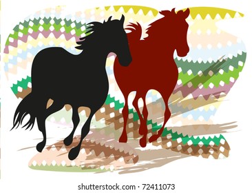 Silhouettes of two galloping mustangs on the background of a  stylized Indian ornament