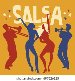 Silhouettes of two girls dancing salsa. Trumpeter and trombonist in the background.