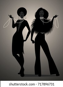 Silhouettes of two girls dancing soul, funky or disco music style