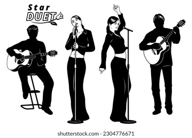 Silhouettes of Two Girls singing in duet and two musicians accompany them on acoustic guitars. Vector cliparts isolated on white.