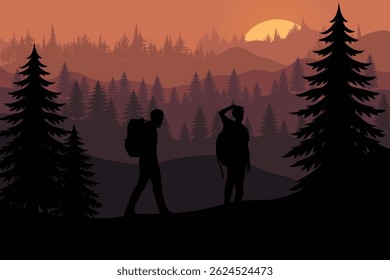 Silhouettes of Two Hikers Standing Among Pine Trees During Sunset in a Tranquil Forest Landscape with Rolling Hills and Warm Orange Sky