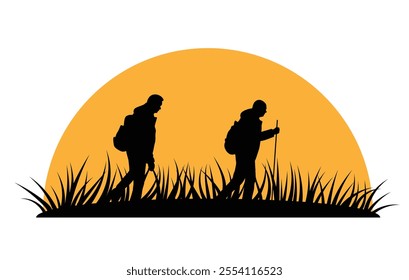 Silhouettes of Two Hikers Walking in Nature through Tall Grass. Spending time in nature and outdoor adventure activities vector art