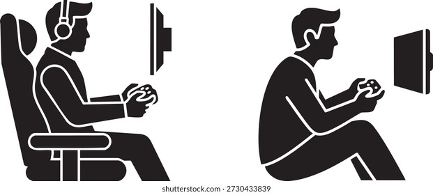Siluetas de dos individuos profundamente involucrados en los juegos: uno en una silla de juego con auriculares, el otro sentado, ambos enfocados en la pantalla con controladores.
