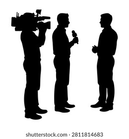 Silhouettes of two individuals engaged in conversation with a cameraman capturing the interview, set against a plain background.