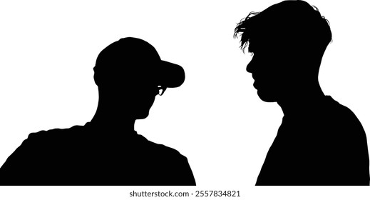 Silhouettes of two individuals facing each other on a white background.