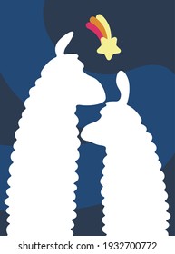 Silhouettes of two llamas with shooting star. Animal poster in flat style