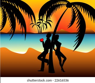 Silhouettes of two lovers on a beach