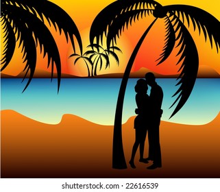 Silhouettes of two lovers on a beach