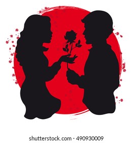 Silhouettes of Two Lovers with Rose