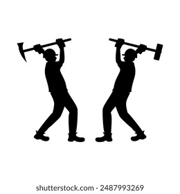 Silhouettes of two masons posed swinging sledge hammers and digging picks construction tool equipment in urban city streets, work tool for renovation of public or rural spaces, heavy duty tool