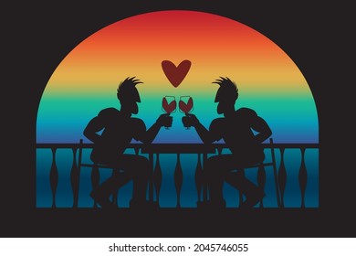 Silhouetten von zwei Männern gegen den Sonnenuntergang. Vektorgrafik.