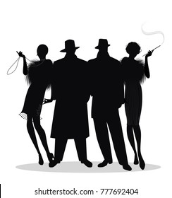 Silhouettes of two men and two flapper girls 20s style isolated on white background. Roaring twenties