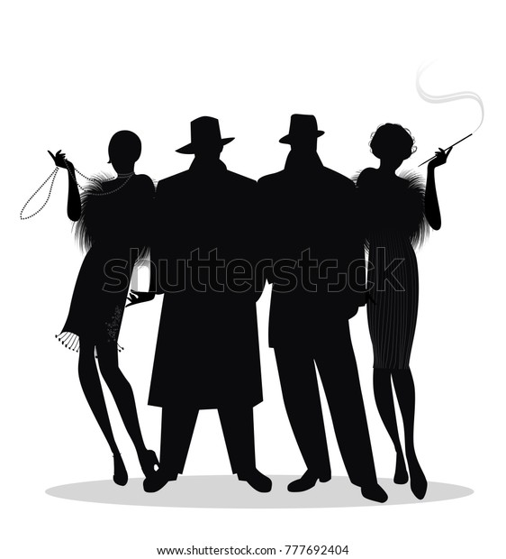 Silhouettes of two men and\
two flapper girls 20s style isolated on white background. Roaring\
twenties