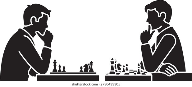 Siluetas de dos hombres intensamente centrados en un juego de ajedrez, con las manos en la barbilla en poses reflexivas, ilustrando el pensamiento estratégico y la competencia intelectual.