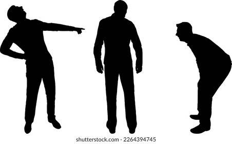 Silhouettes of two men laughing at another person pointing a finger at him. The concept of bullying, inequality and not only. Vector Silhouette