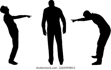 Silhouettes of two men laughing at another person pointing a finger at him. The concept of bullying. Vector silhouette