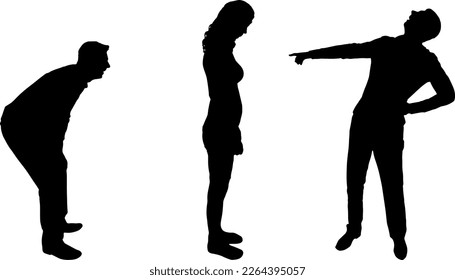 The silhouettes of two men are laughing and pointing at the woman. The concept of bullying, inequality and not only. Vector Silhouette