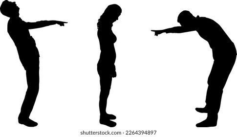 Silhouettes of two men are laughing at the woman. Concept of bullying, inequality, discrimination. Vector Silhouette